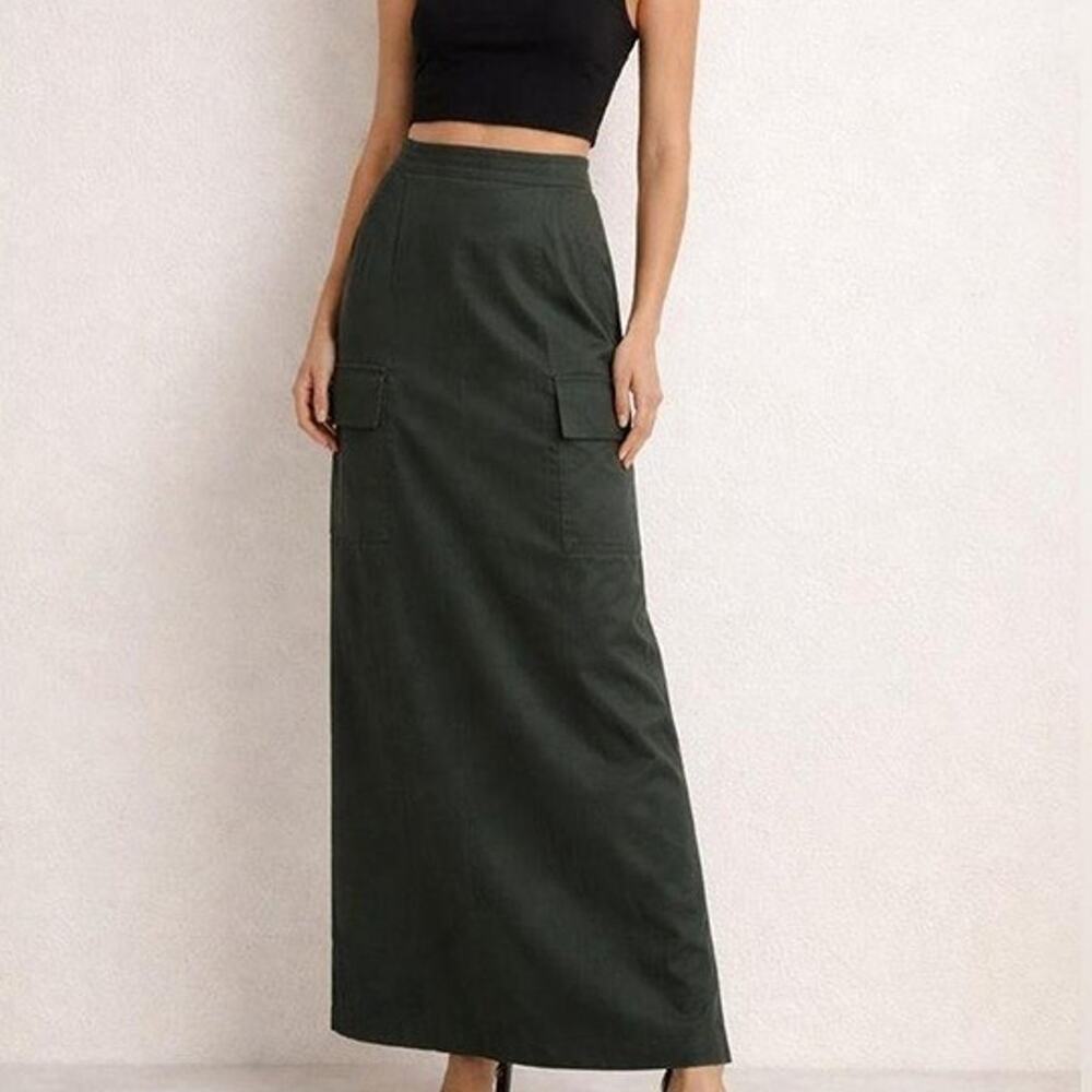 House of Harlow 1960 Satin Cargo Midi Skirt Front Slit Utility Green Size XS